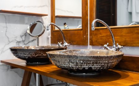 Beautiful decoration interior of sink and water faucet or tap in bathroom for wash