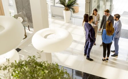Overhead view of people having business meeting