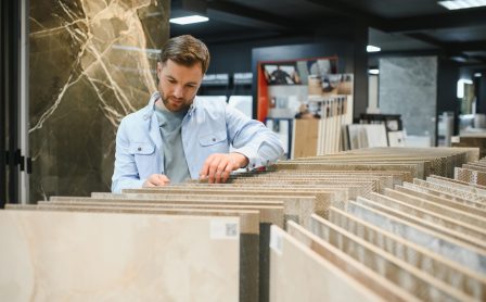 Man examines ceramic tiles in a contemporary store, surrounded by various tile options and plumbing fixtures, showcasing home improvement choices